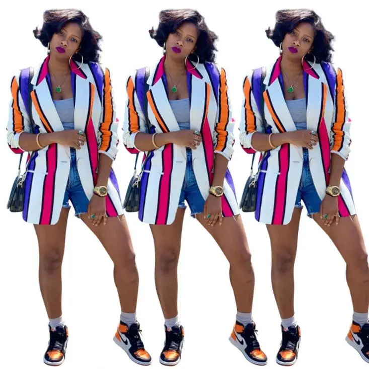 Женский блейзер в полоску yys, разноцветный блейзер с V-образным вырезом, дамские блейзеры, 2020