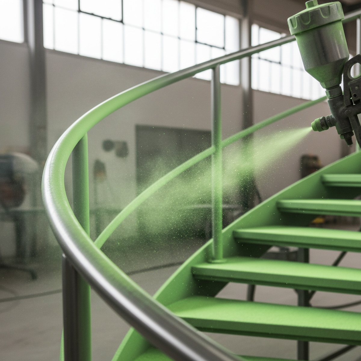 Powder coating gun applies phosphorescent finish to aluminum railing in workshop.