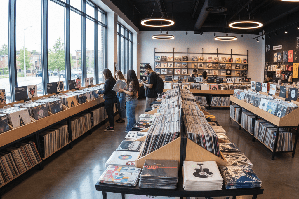 Interior of a bustling record store with vinyl records and music merchandise, symbolizing sales growth after recognition events