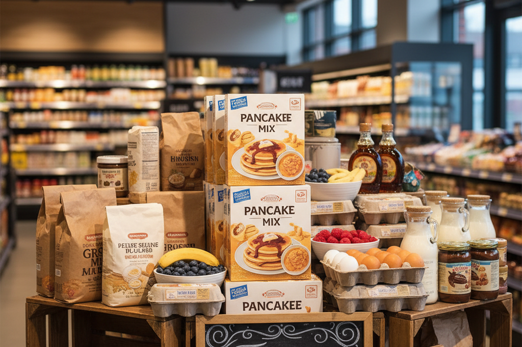 Medium shot of a well-stocked, branded-free pancake ingredient display in a supermarket ahead of Shrove Tuesday