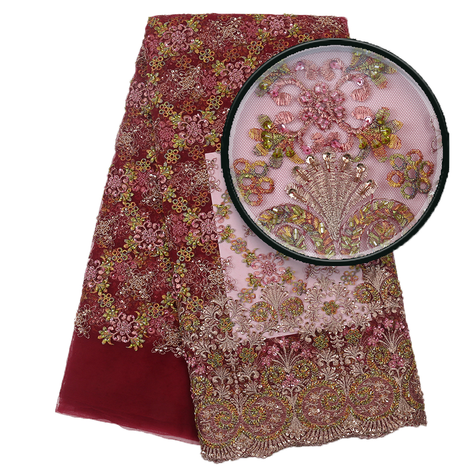 MAROON WINE Luxury 3D Appliqué Glitter Guipure Lace Dress Fabric Floral 1086