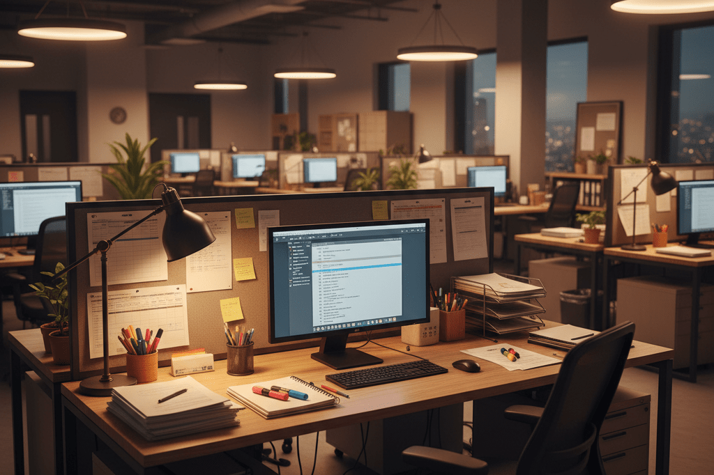 Wide shot of a tidy television production workspace lit by desk lamps, reflecting structured support systems