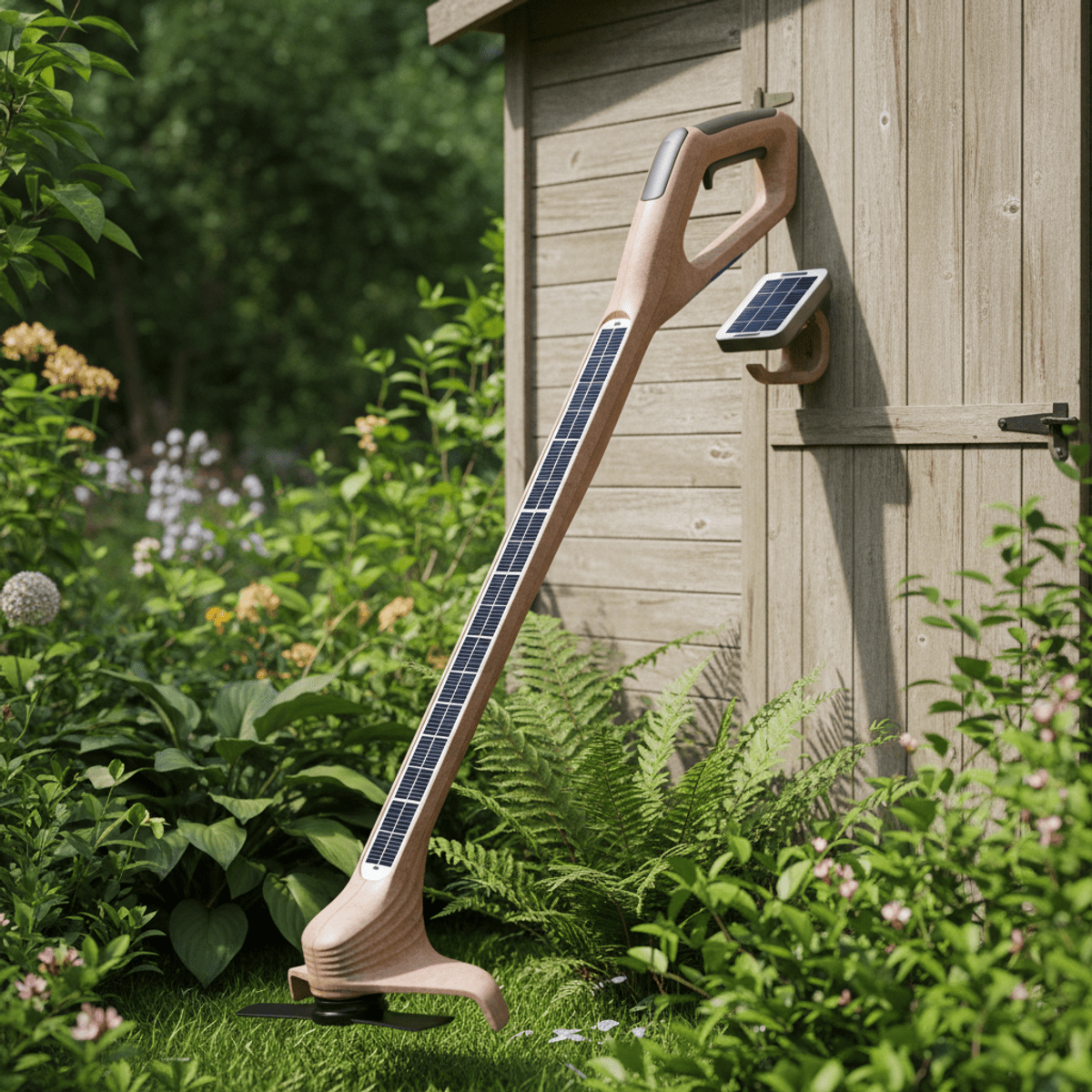 Futuristic solar-powered trimmer with integrated flexible panels on a garden charging hook.