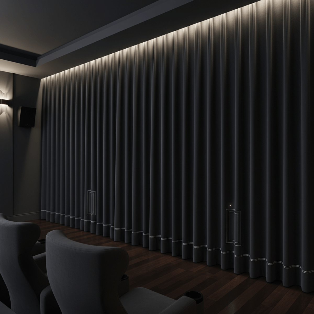 Thick, acoustically dampening curtains with a matte charcoal finish in a home theater.
