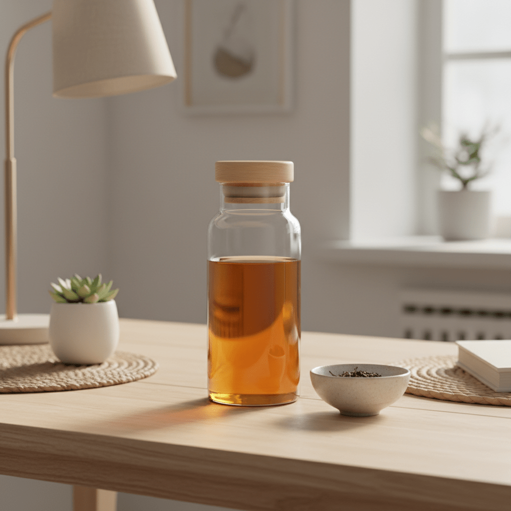 Japandi tea bottle with ash wood lid, filled with amber tea on a pale wood table.