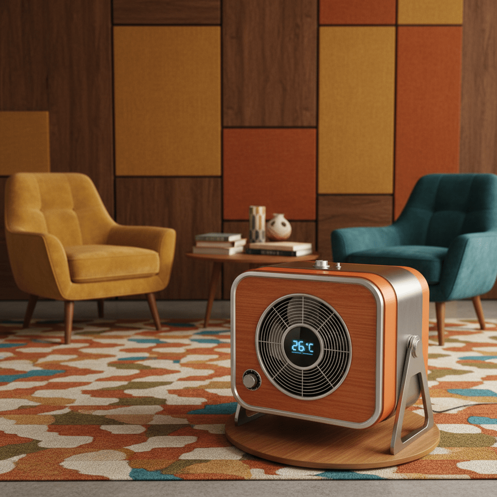 Retro-futuristic fan in a stylish mid-century living room. Retro-futuristic box fan with wood grain accents in a mid-century modern living room.