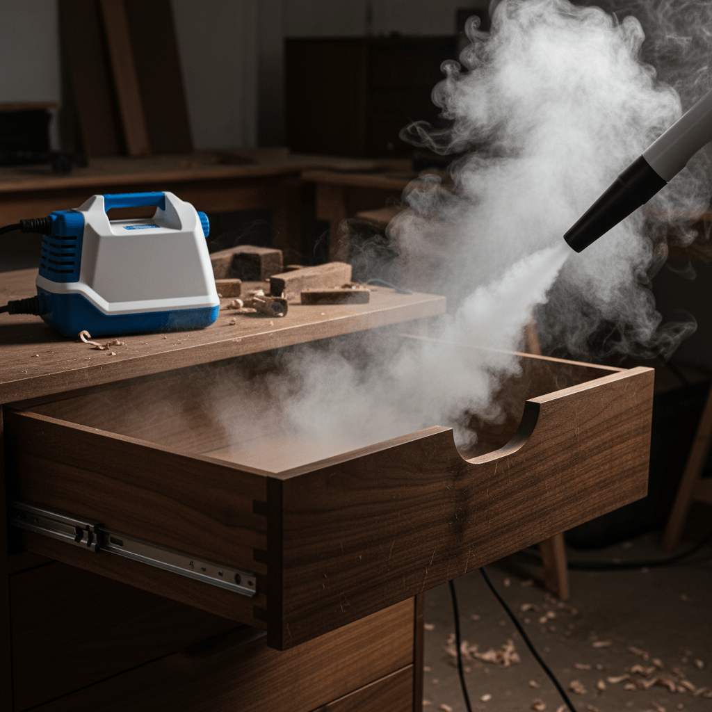 Bed bug steamer vaporizes drawer channels, highlighting wood grain and aged patina.