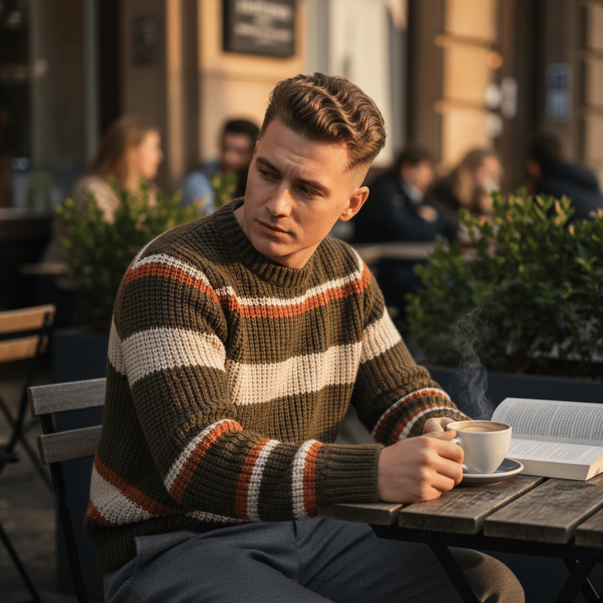 Modern Ivy League haircut at a sunlit cafe Man with modern Ivy League haircut styled with matte cream at an outdoor cafe.