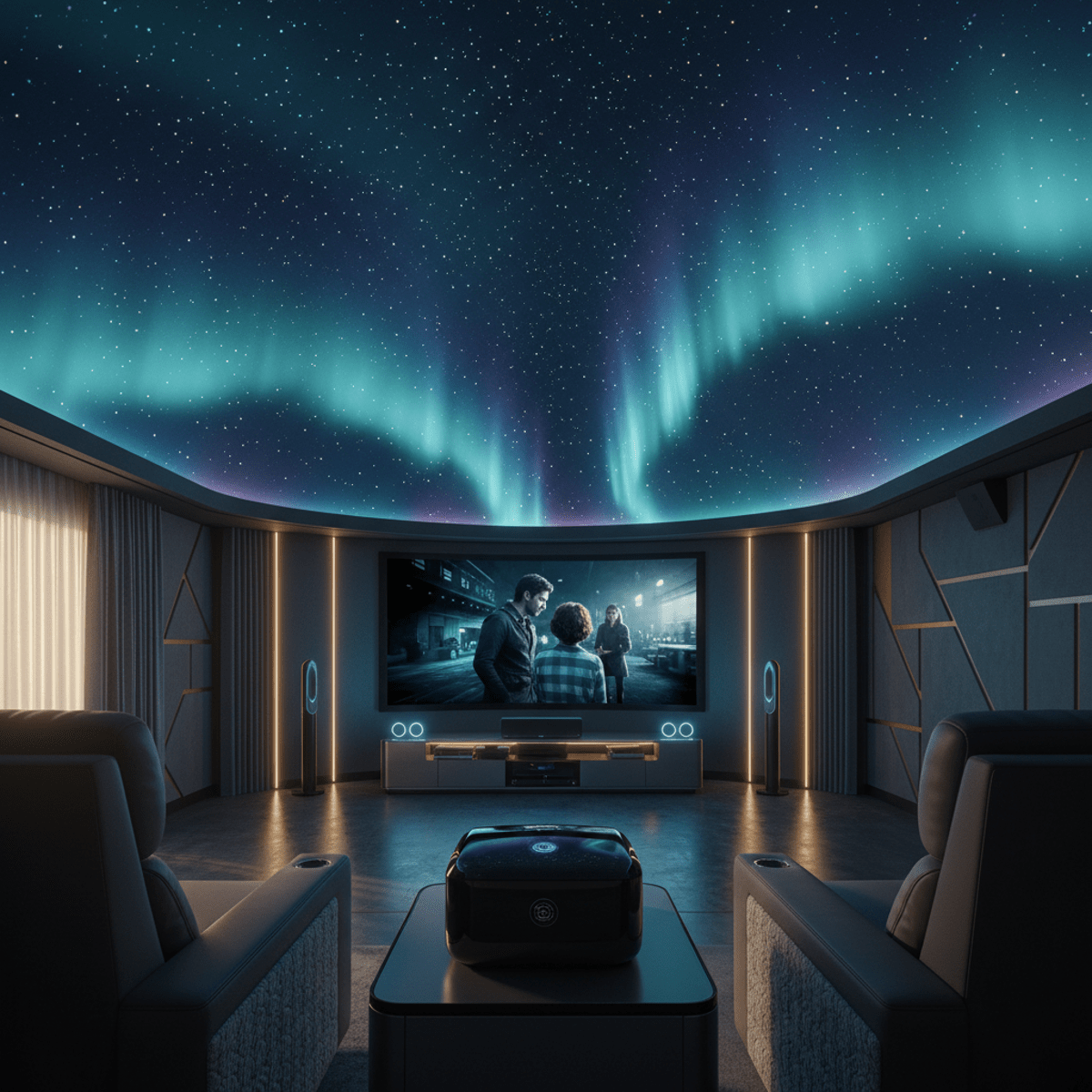 Star projector in home theater casting a seamless dome of stars and aurora hues.