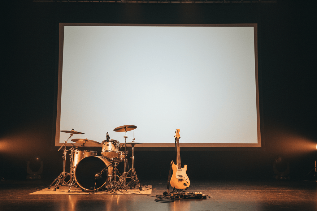 Empty concert stage with instruments and screen ready for hybrid show Photorealistic view of an empty stage with drums, guitar, and blank screen under warm lights