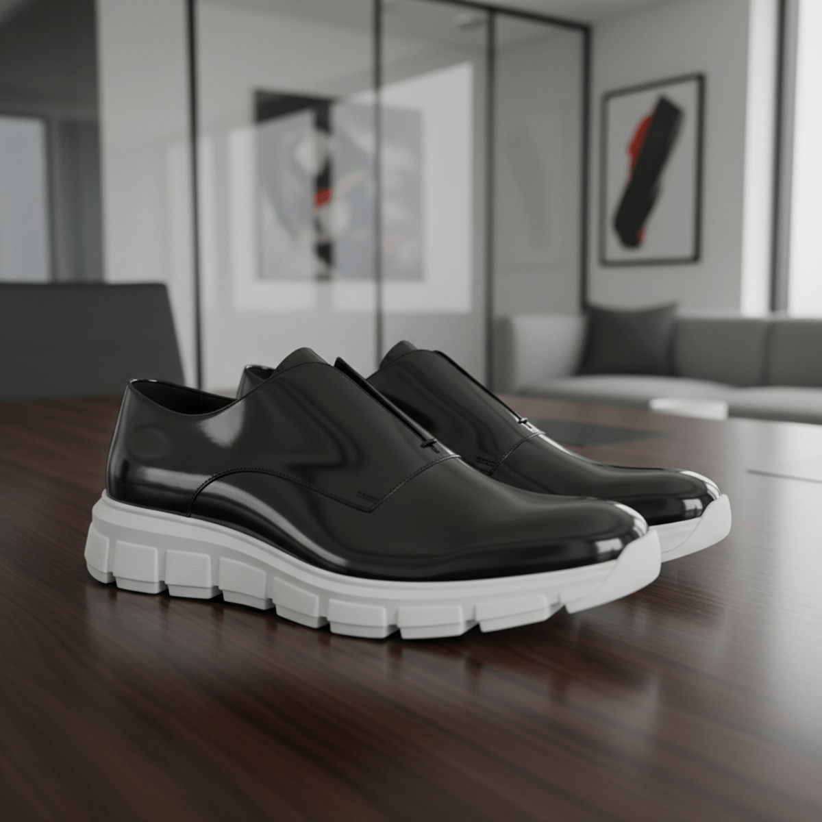 High-gloss hybrid Oxford shoes with patent leather uppers and chunky sneaker soles.