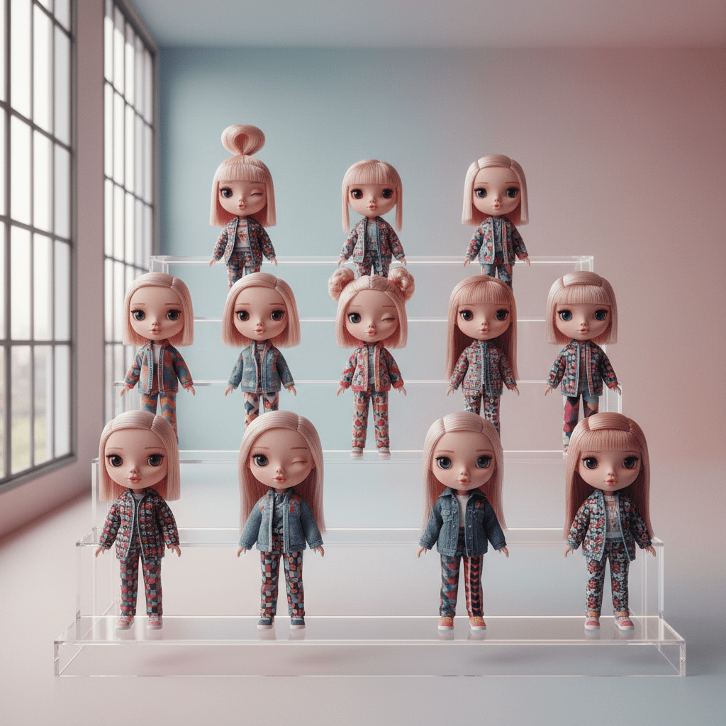 Handcrafted collectible dolls with modern vinyl textures, inspired by 80s toy crazes.