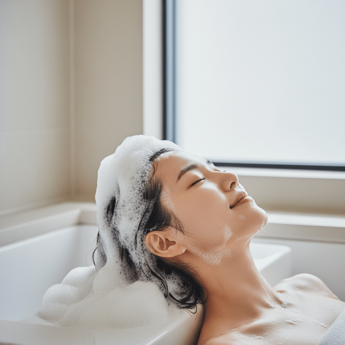 Korean hair care carbonated scalp treatment with foamy bubbles. Foamy carbonated scalp treatment with thick white bubbles in a serene spa bathroom.