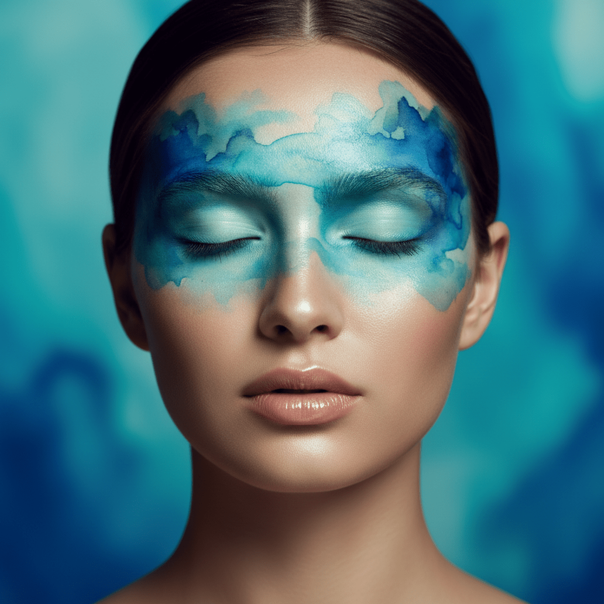 Artistic unibrow makeup with ocean blues and teals in watercolor style.