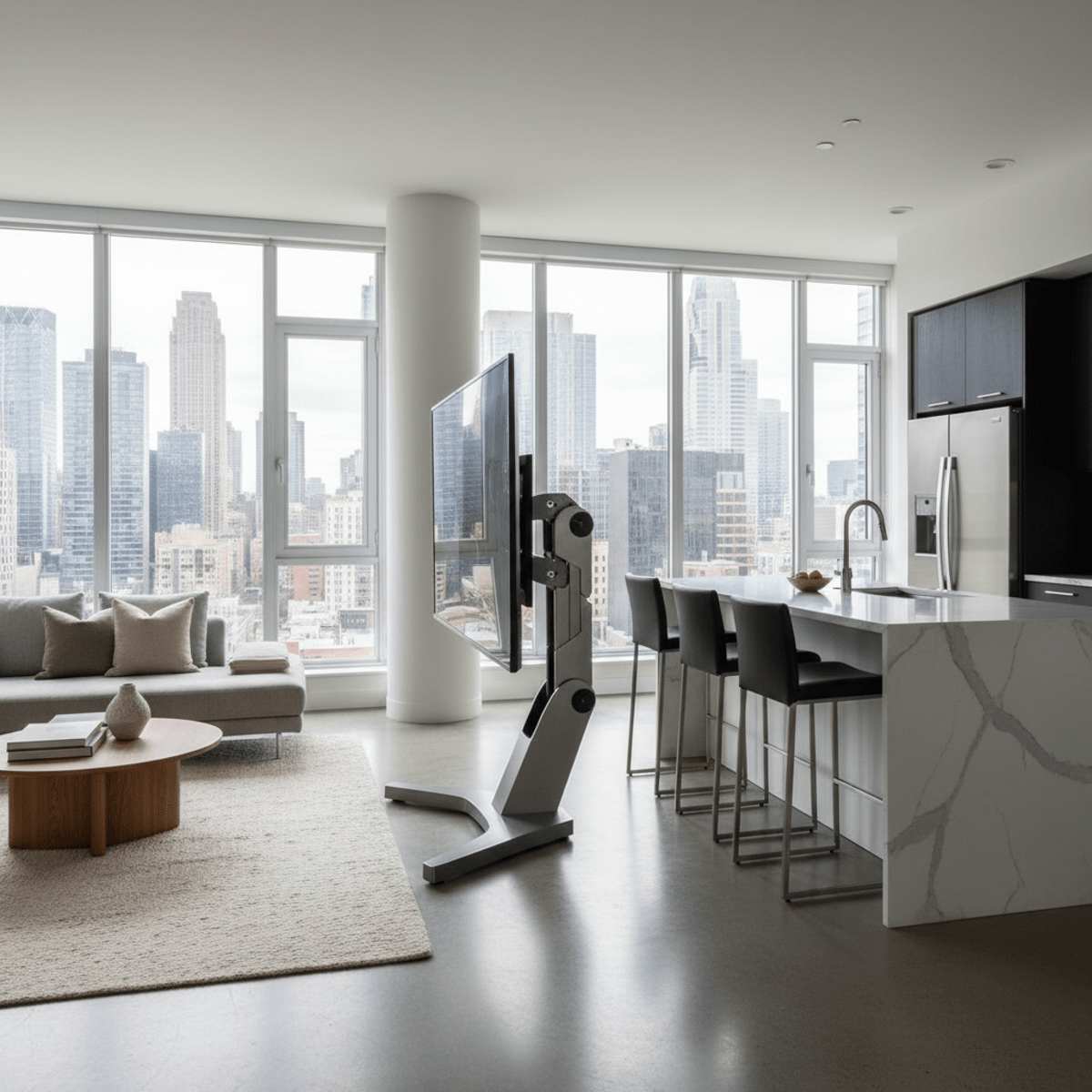 Sleek TV on motorized swivel stand in modern loft, rotating between living and kitchen areas.