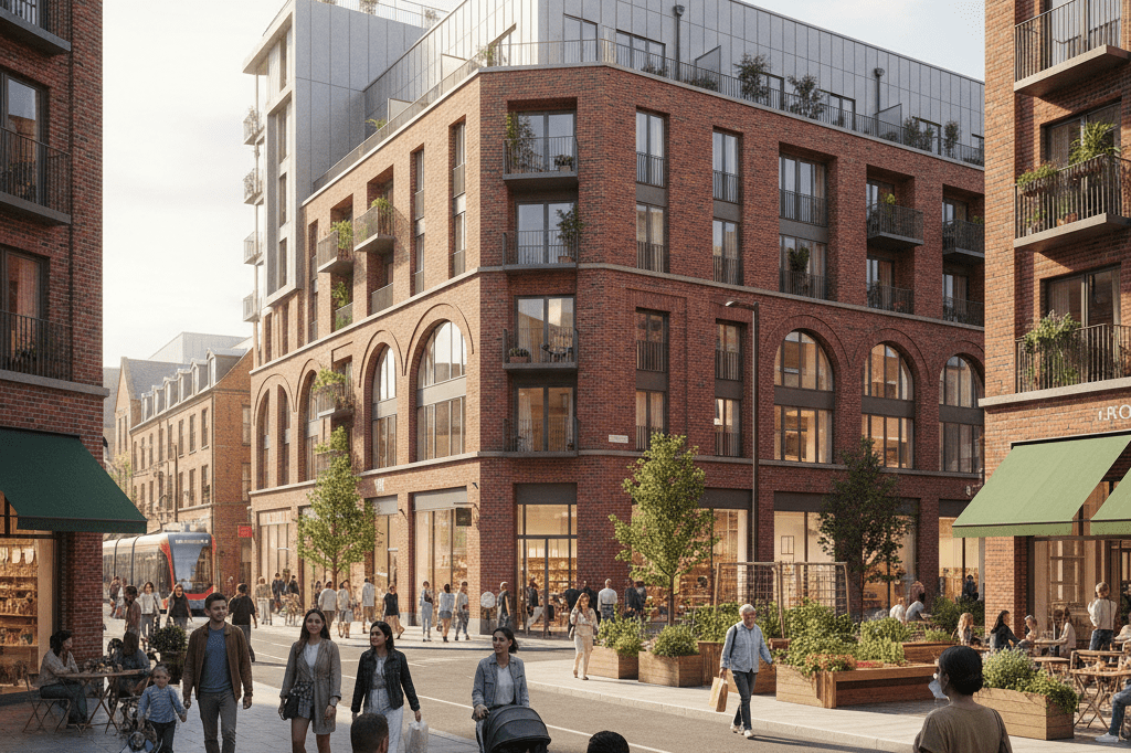 Mixed-use development with retail shops and residential units under natural light, showcasing urban growth and connectivity