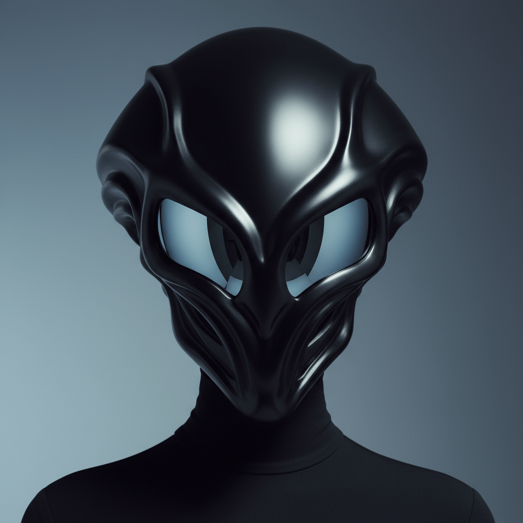 Model wears massive alien-inspired face shield eyewear with mirror-coated blue lenses.