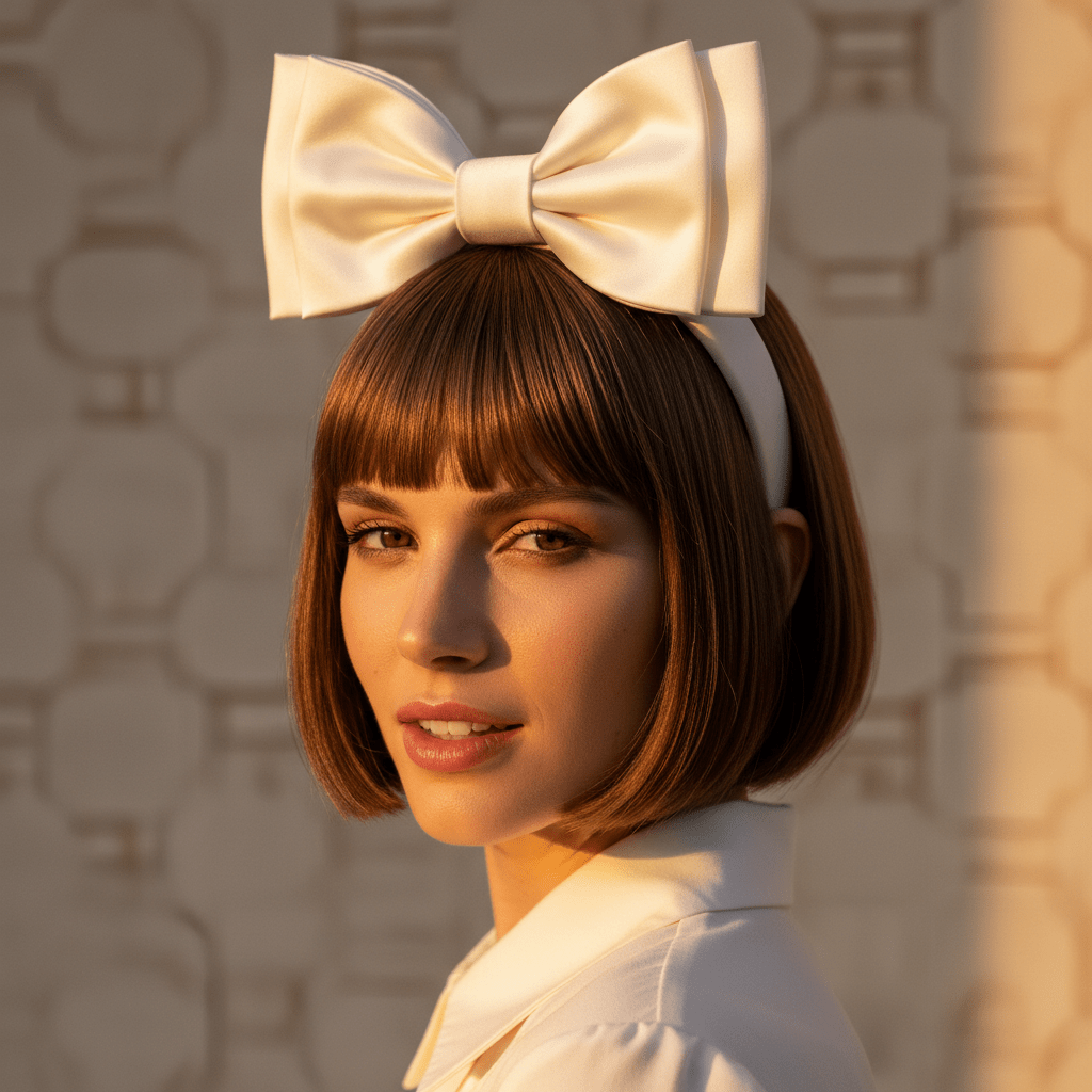 Model with glossy bob hairstyle and oversized white mod bow headband.