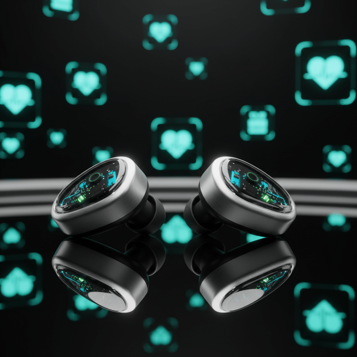 Advanced heart monitor earbuds with intricate sensors on a glossy black surface.