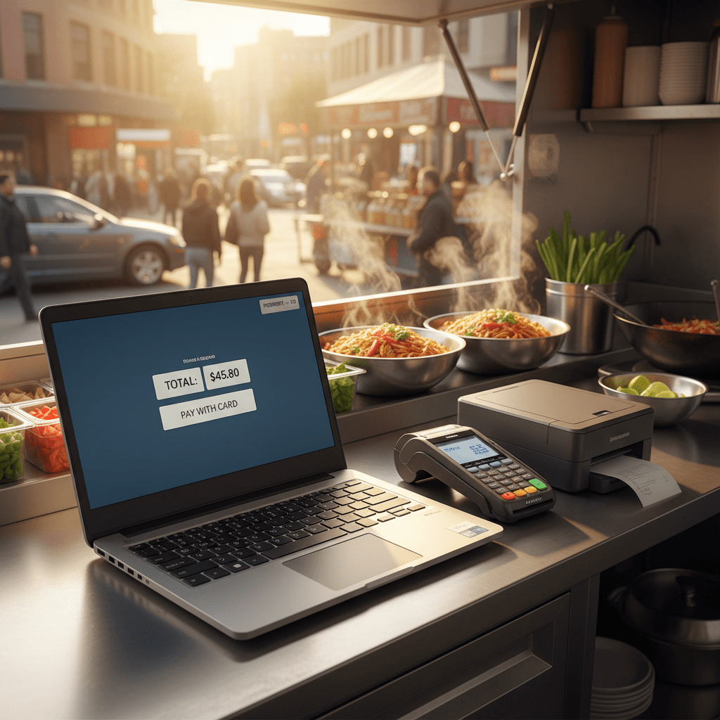 Budget laptop in a food truck POS setup with steaming food and golden sunlight.