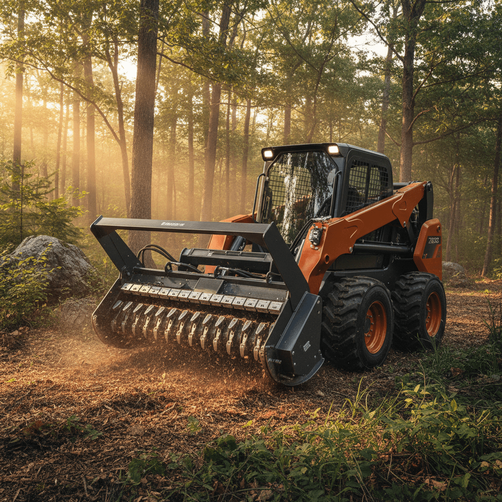 Skid steer with advanced mulcher attachment in woodland, showing carbide and knife teeth.