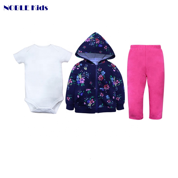Зимние теплые комплекты из 3 предметов; одежда для малышей; брюки из 100% хлопка; комбинезон для новорожденных; пальто с цветочным принтом на молнии