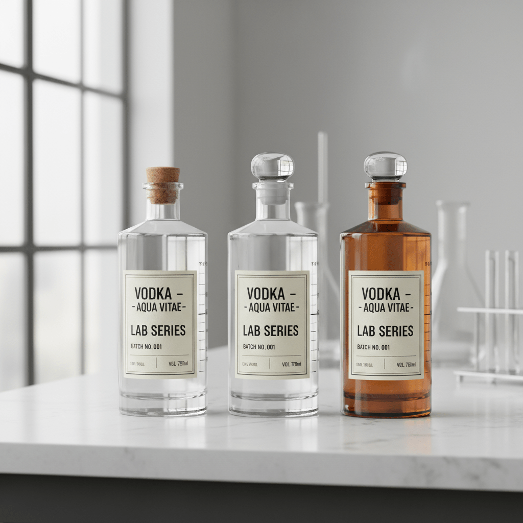 Minimalist glass bottles with measurement markings on a clean laboratory countertop.