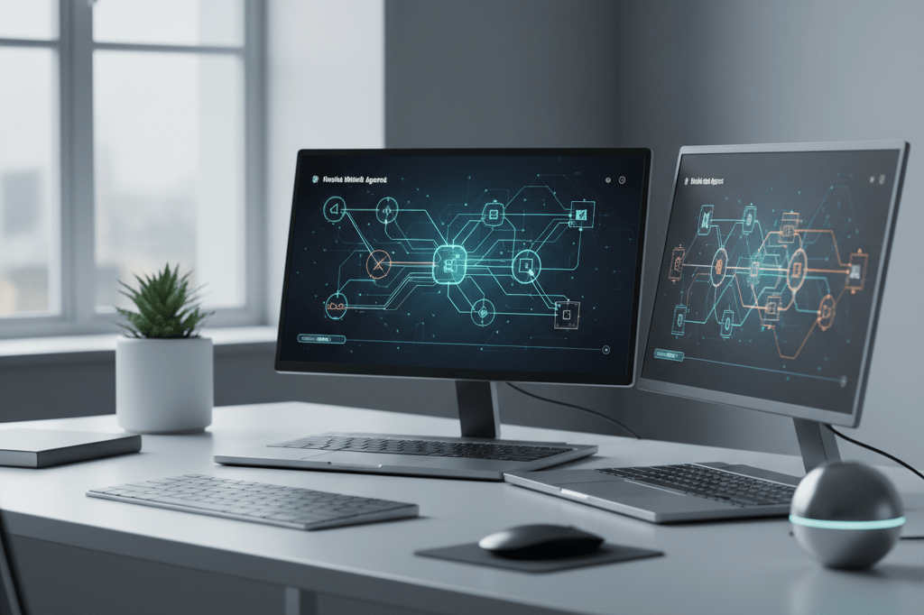Clutter-free office desk with laptops showing abstract workflow diagrams under natural and monitor light