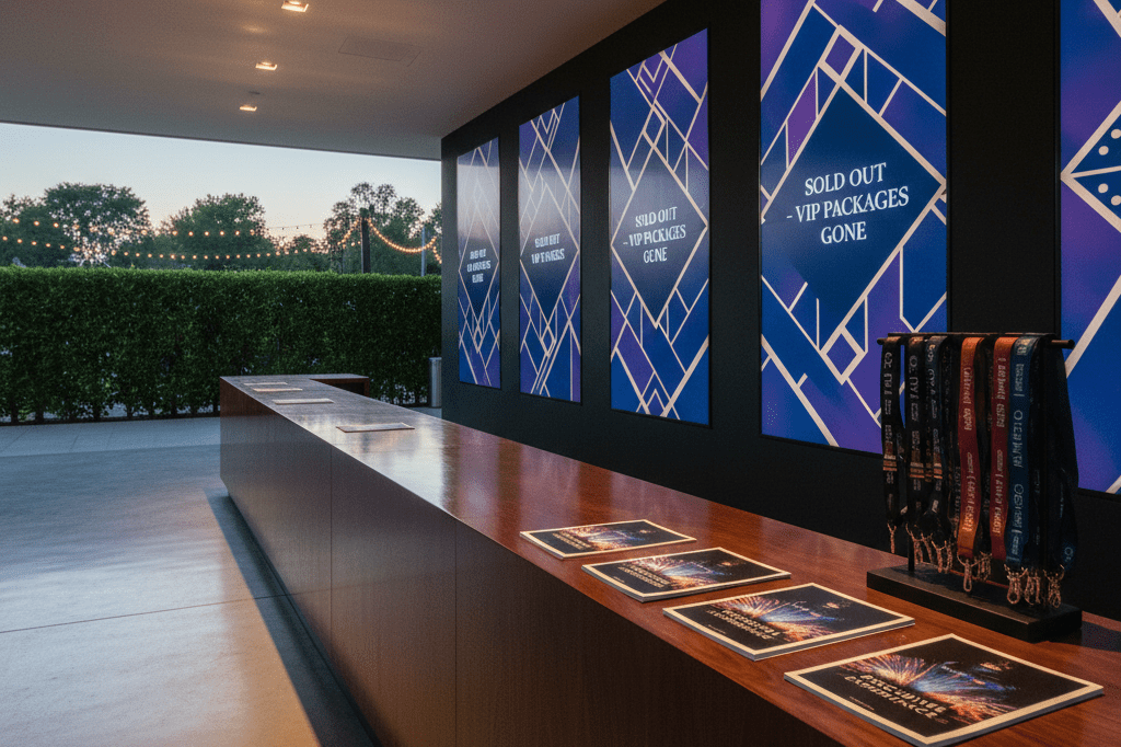 Luxury festival ticket booth under warm ambient lighting Empty ticket booth with glowing screens and VIP brochures bathed in natural evening light