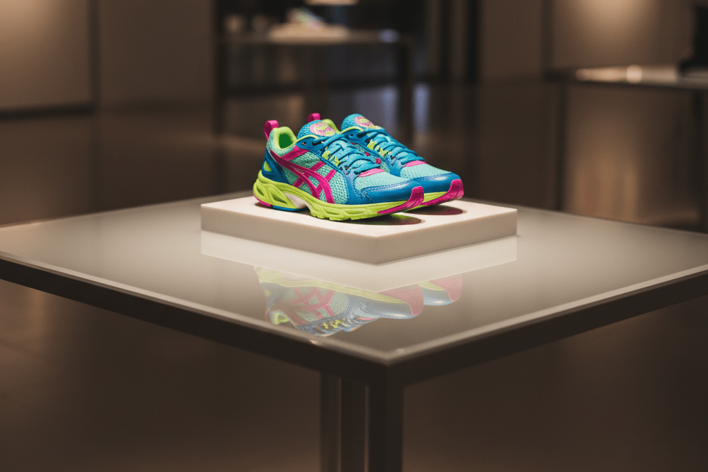 Single pair of colorful reversed neon sneakers on a minimalist pedestal under warm gallery lighting