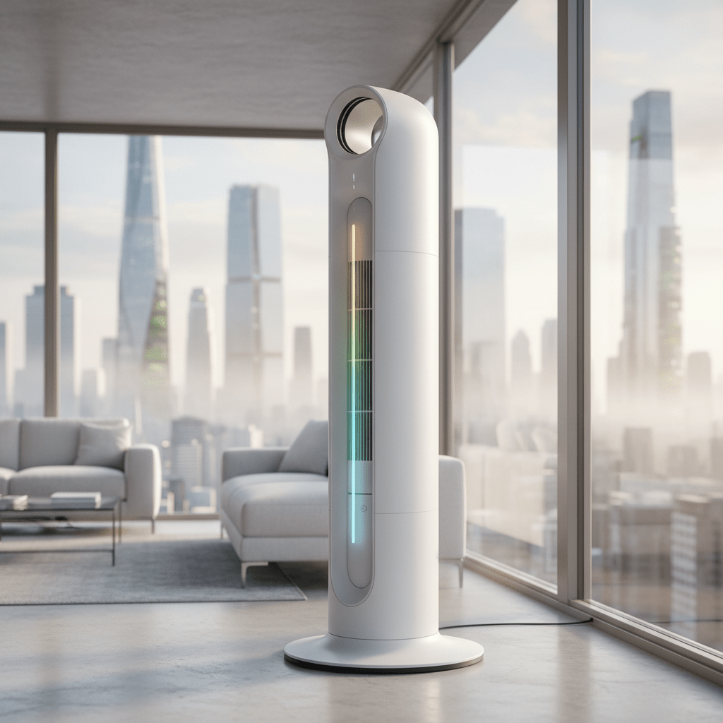 Sleek futuristic air purifier with HEPA filter in modern apartment overlooking city.