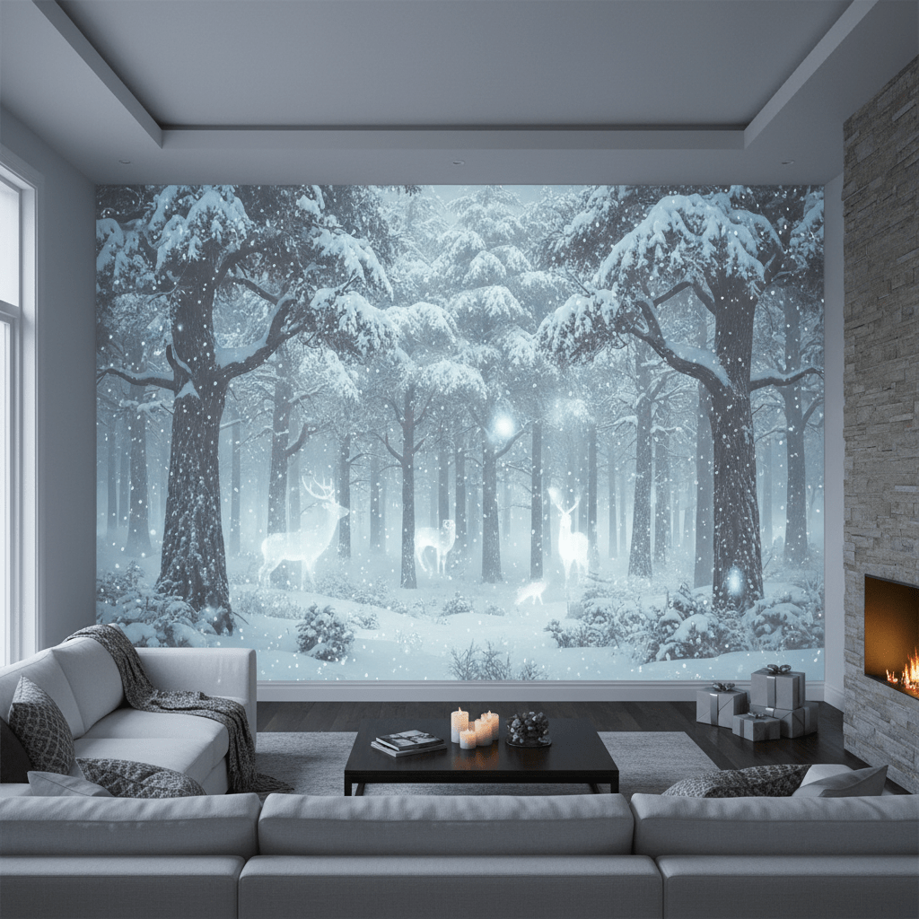Christmas lights project a snowy forest scene with woodland animals and soft falling snow.
