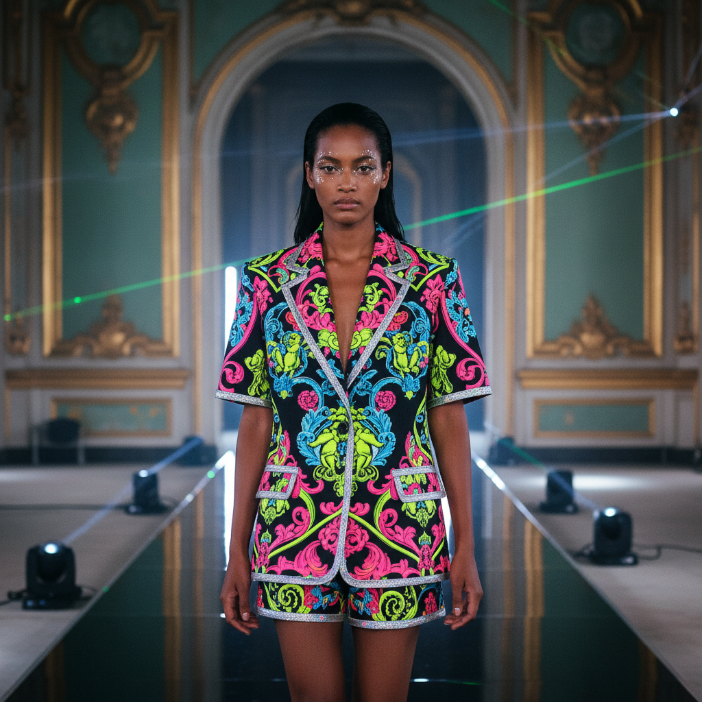 Maximalist Neo-Baroque blazer and shorts set in vibrant neon colors.