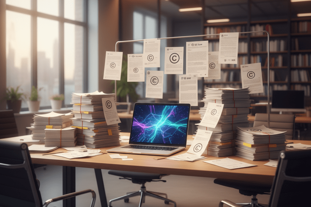 Modern office reflecting AI copyright regulation complexities Wide shot of a desk with laptop showing algorithms, legal papers, and copyright symbols under blended lighting for a realistic effect