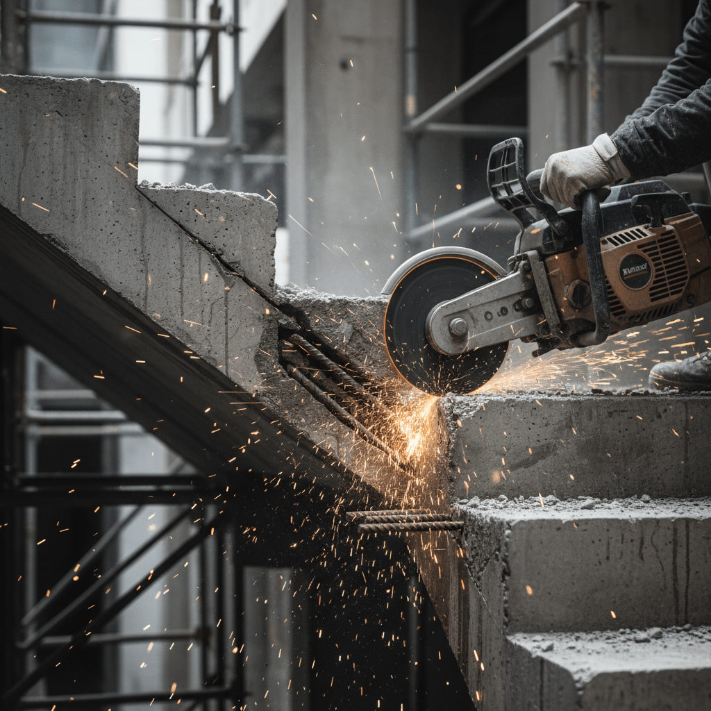 Concrete chainsaw precisely cuts a thick concrete staircase, sparks fly.