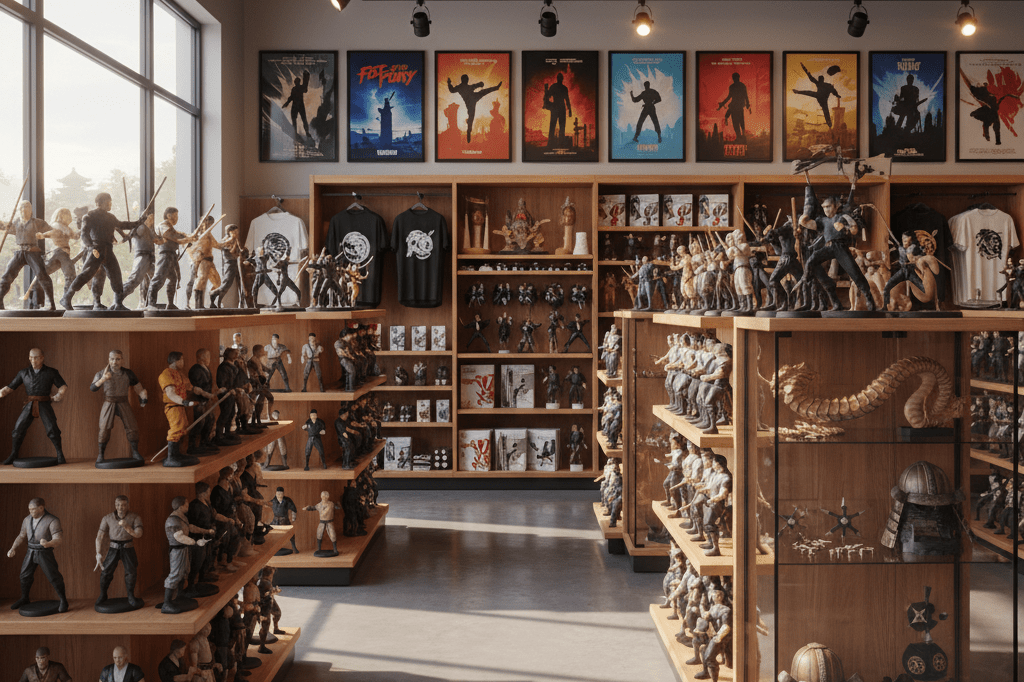 Organized retail display with action figures and posters under natural light, emphasizing themed merchandising strategies