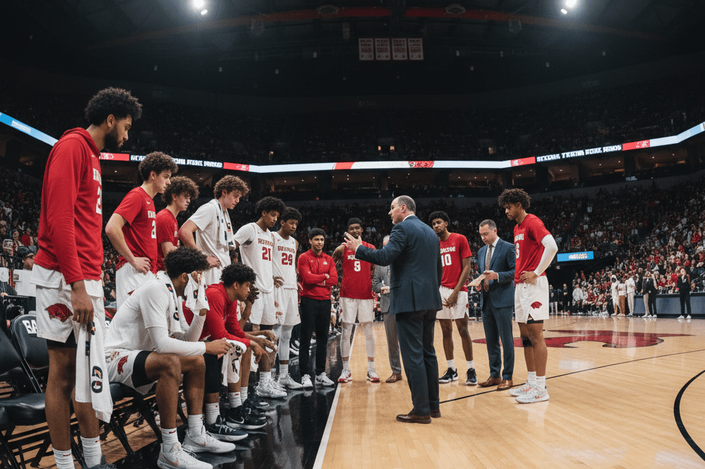 Wide shot of Razorbacks' team huddle under indoor arena lights, symbolizing teamwork and pressure management