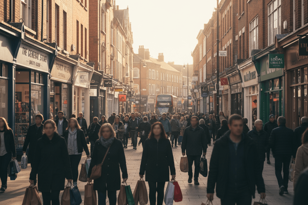 Vibrant UK shopping street filled with customers carrying bags under natural daylight, symbolizing peak demand periods