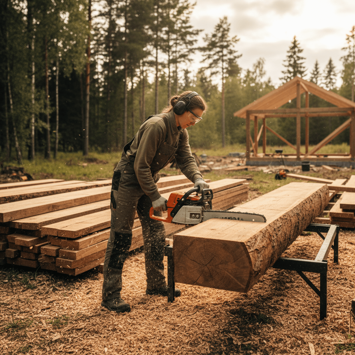 Craftsman uses chainsaw mill to cut raw timber into structural beams for rustic pavilion.