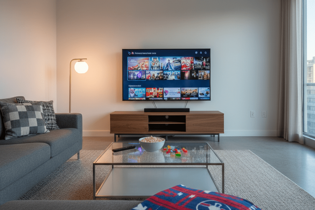 Wide shot of a cozy living room with smart TV and Marvel-themed decor under soft ambient lighting