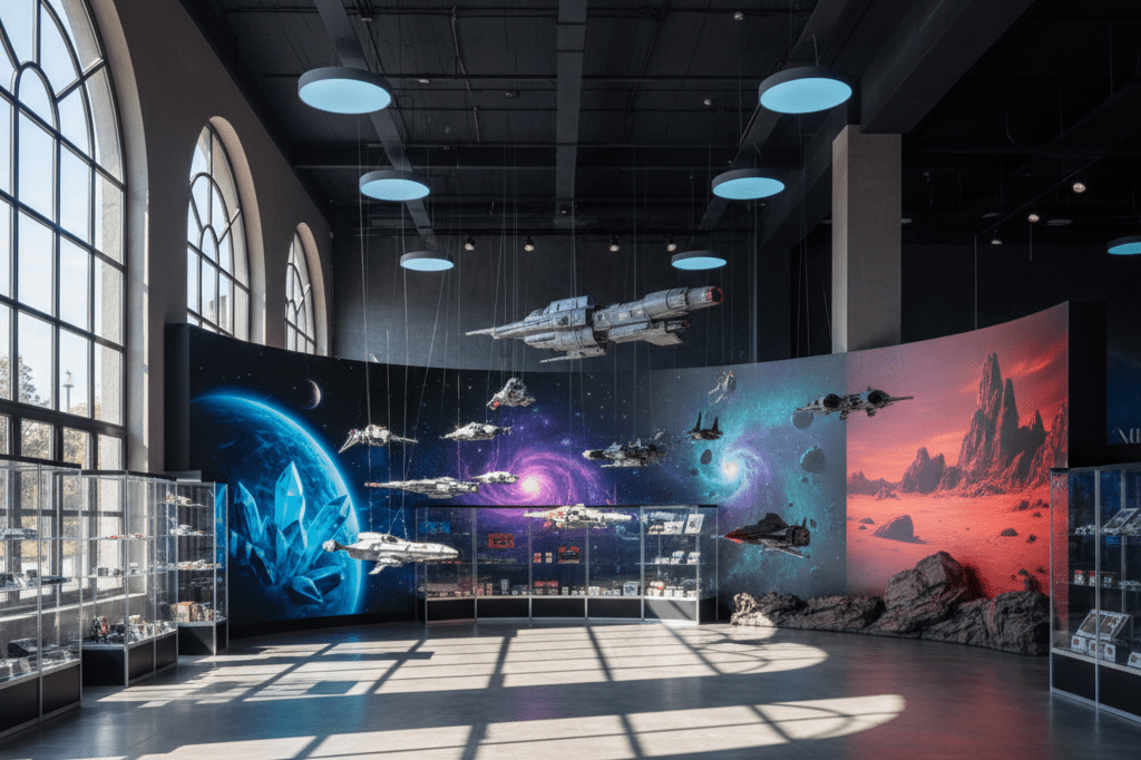 Wide shot of themed retail space with starships and alien landscapes under natural light