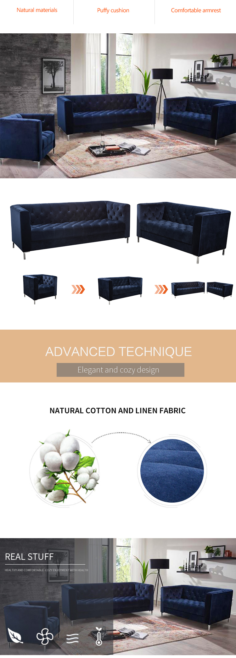 Luxury Velvet Tufted Chesterfield Living Room Sofa Set With Competitive Price
