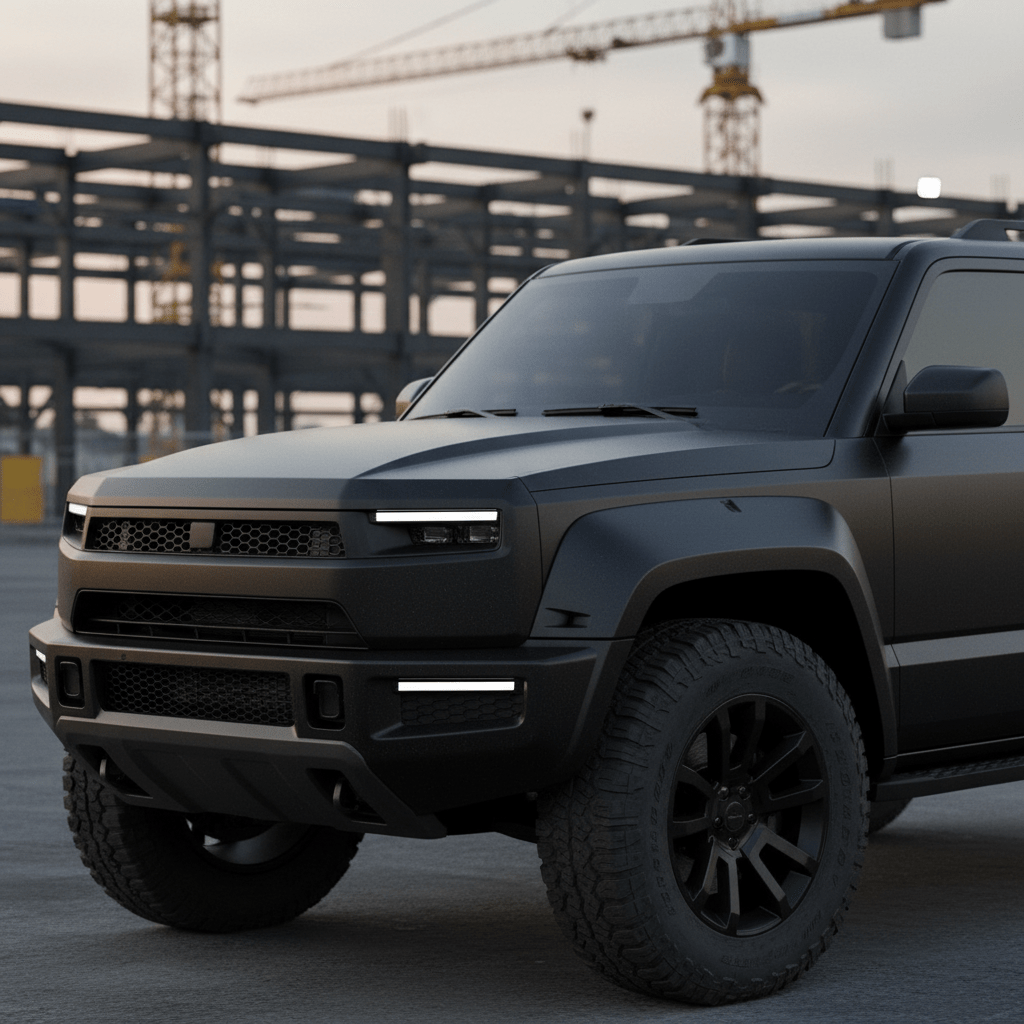 Satin black SUV with matte finish in construction site at dusk.