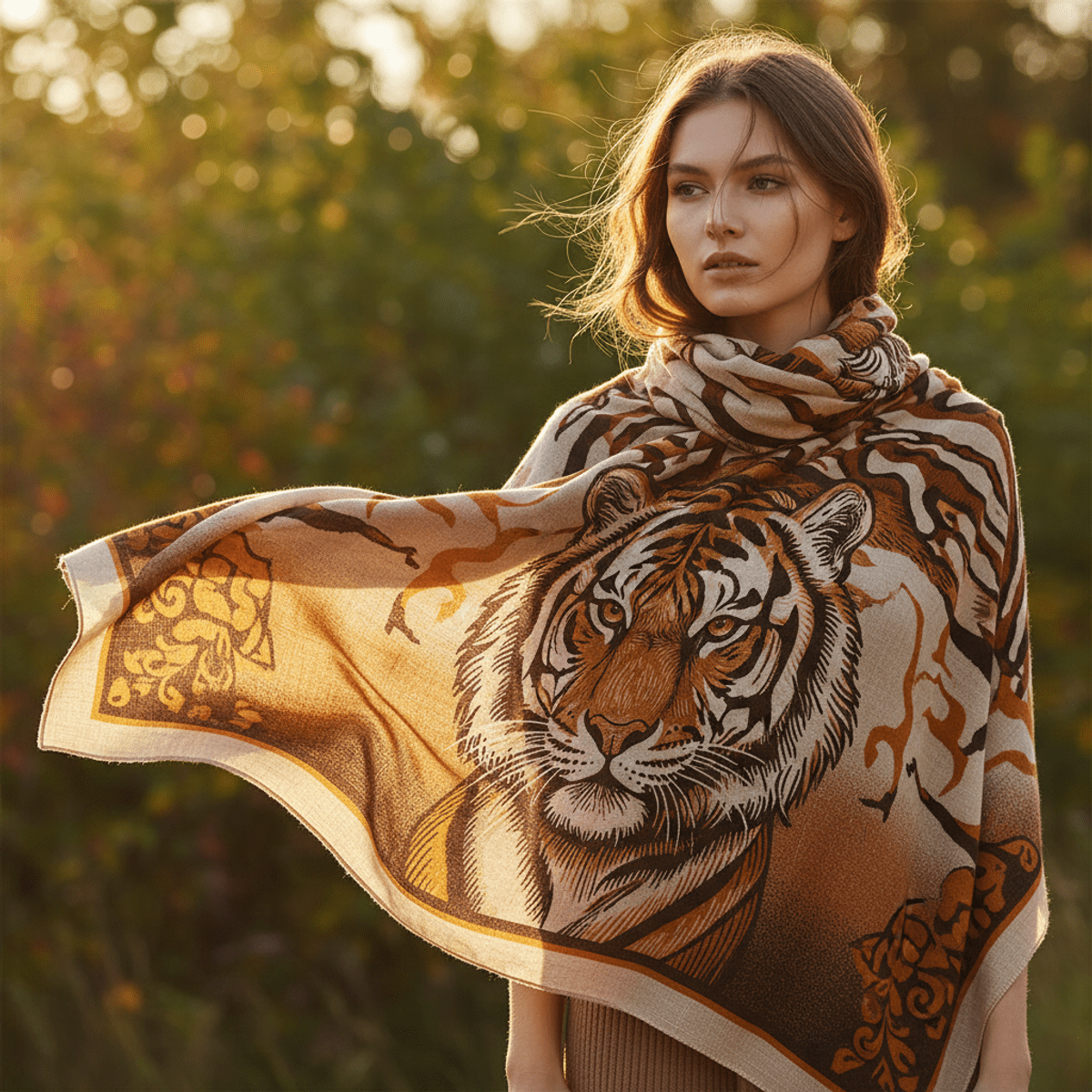 Bohemian scarf with Amur tiger woodcut print, worn by a model outdoors.