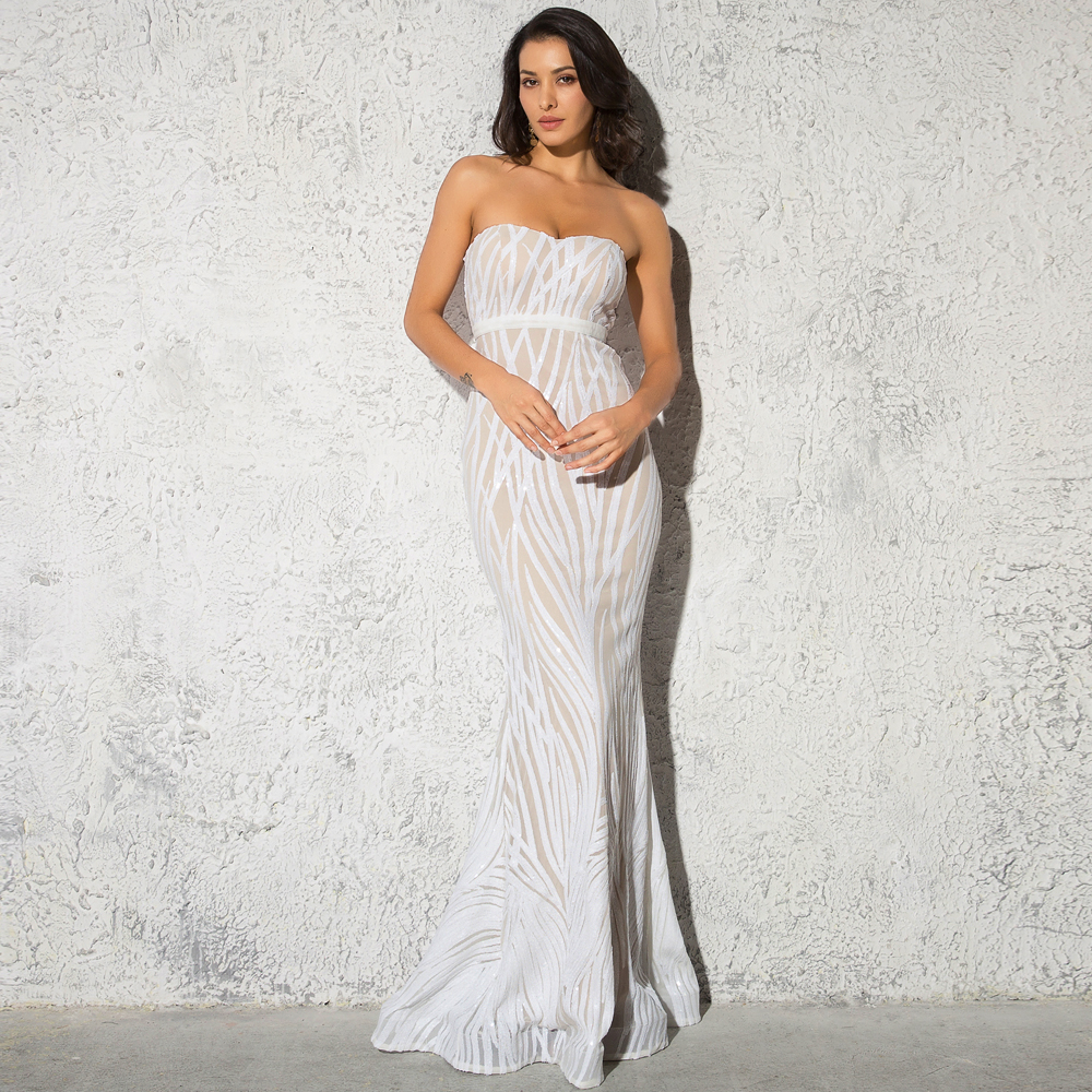 Белое длинное платье без бретелек с блестками для подружки невесты, Вечернее Бальное сексуальное платье без рукавов, платье-макси с юбкой-годе