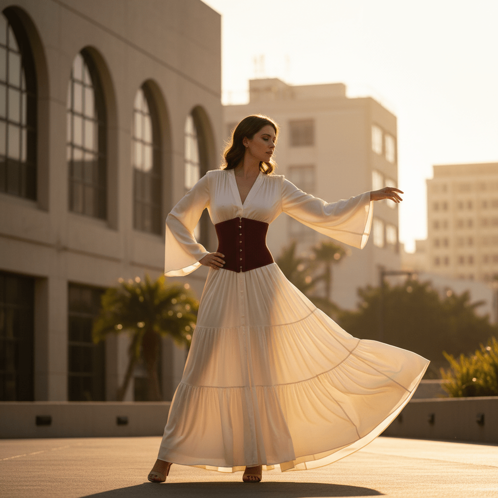 Flowing vintage dress with burgundy corset belt in golden hour urban light.