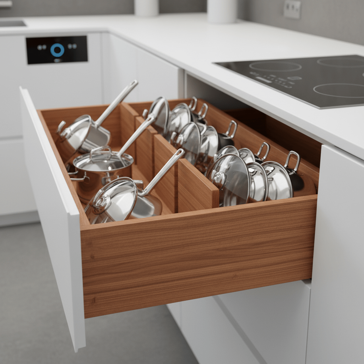 Open futuristic kitchen drawer with cookware organized by wood dividers.