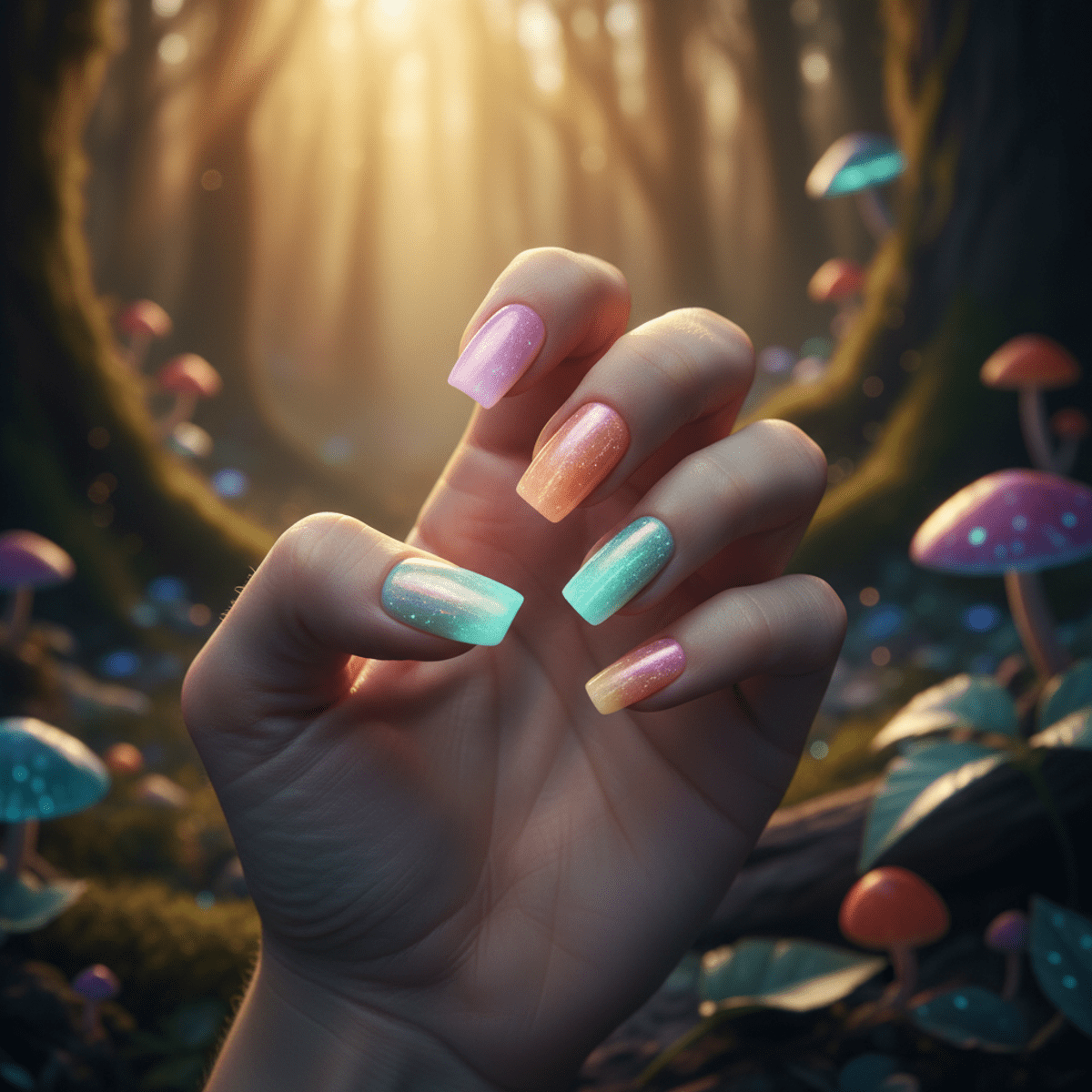 Elegantly posed fingers with translucent jelly nails glowing in a twilight forest.