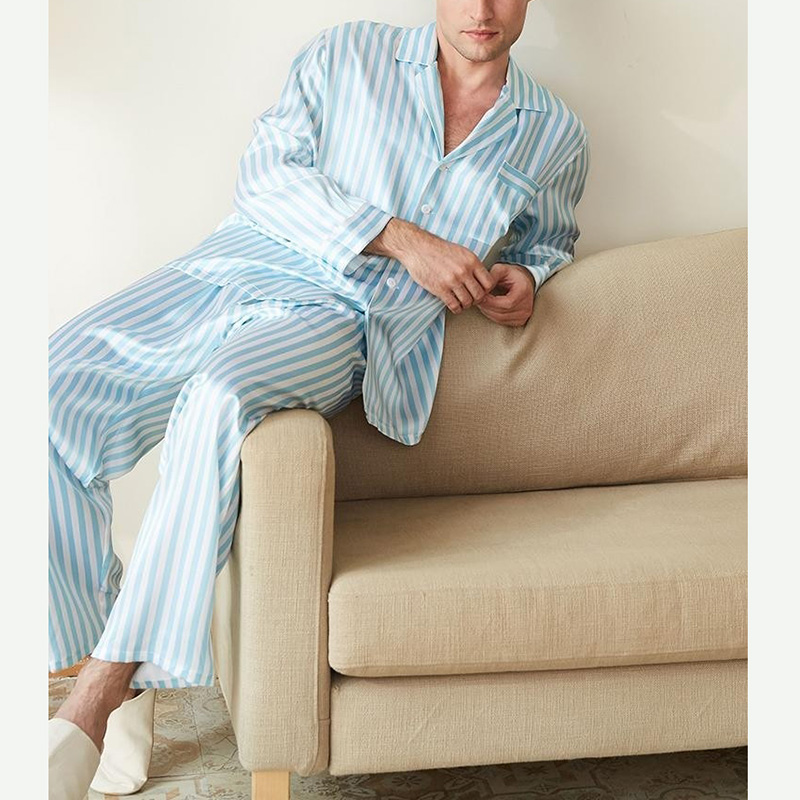 Сублимационная печать полоса до дна домашнего отдыха Ночная одежда для сна, комплект из 2 предметов одежды, шелковый атлас Комплект летних пижам Мужская одежда для сна