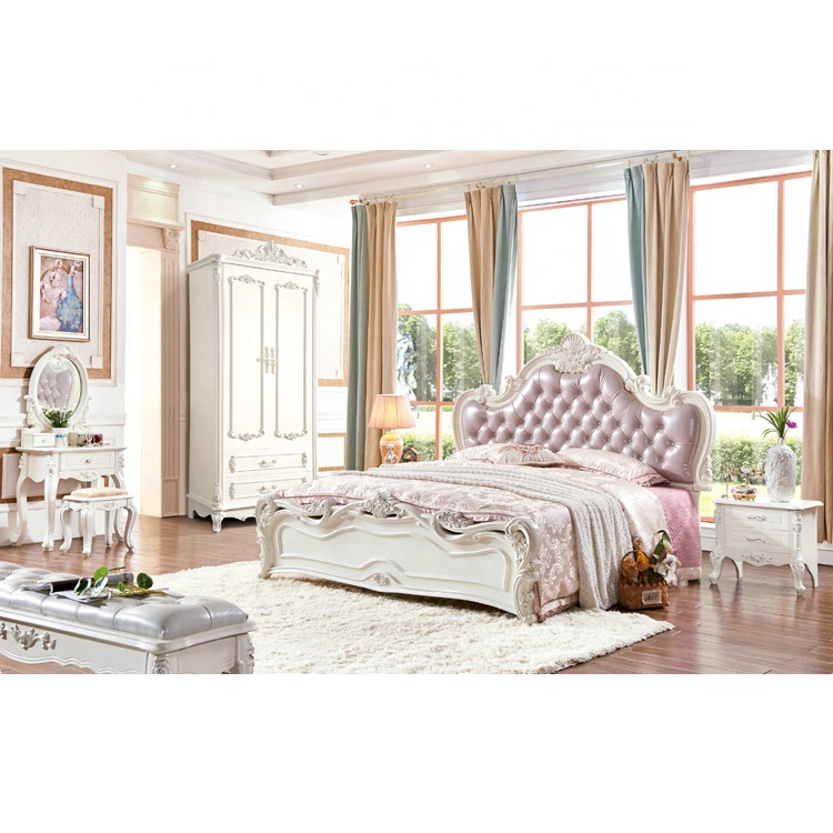 Наборы для спальни белого цвета в европейском стиле роскошная резная французская королевская кожаная кровать